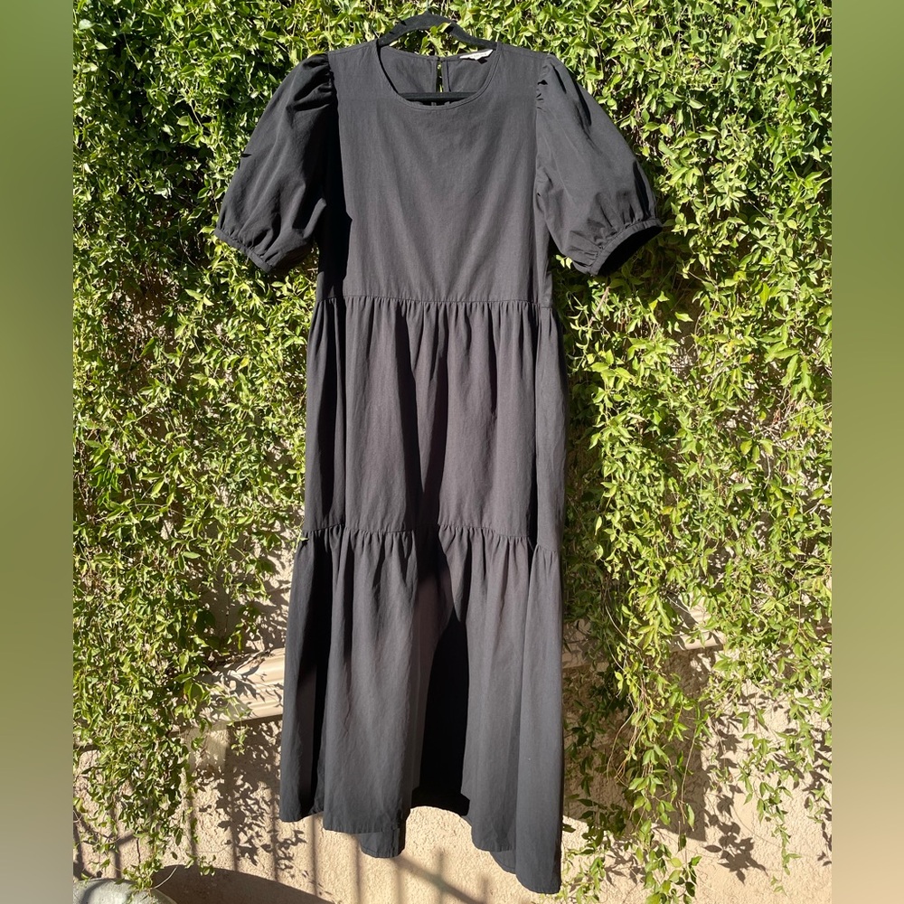 Ali Golden Black Puff Sleeve Tiered Dress